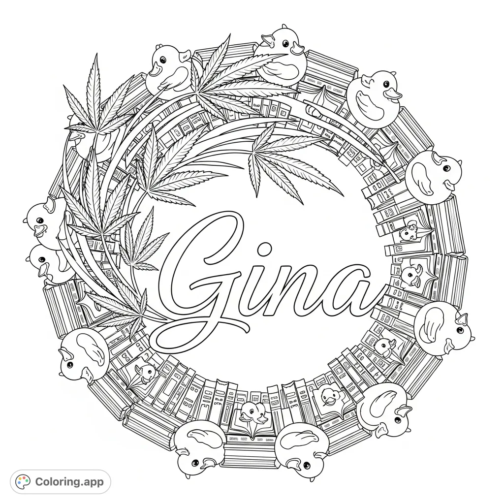 An intricate adult coloring page featuring the name "Gina" in elegant script, surrounded by graceful cannabis leaves and a detailed mandala of duckies and books.