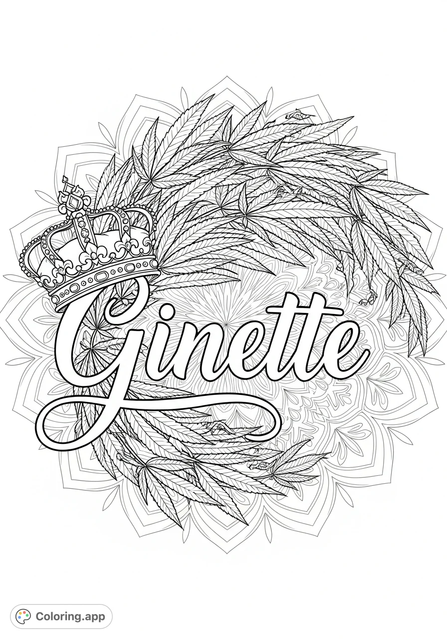 An elegant 'Ginette' name adorned with a queen's crown and intricate cannabis leaf trails, set within a detailed mandala pattern for mindful coloring.