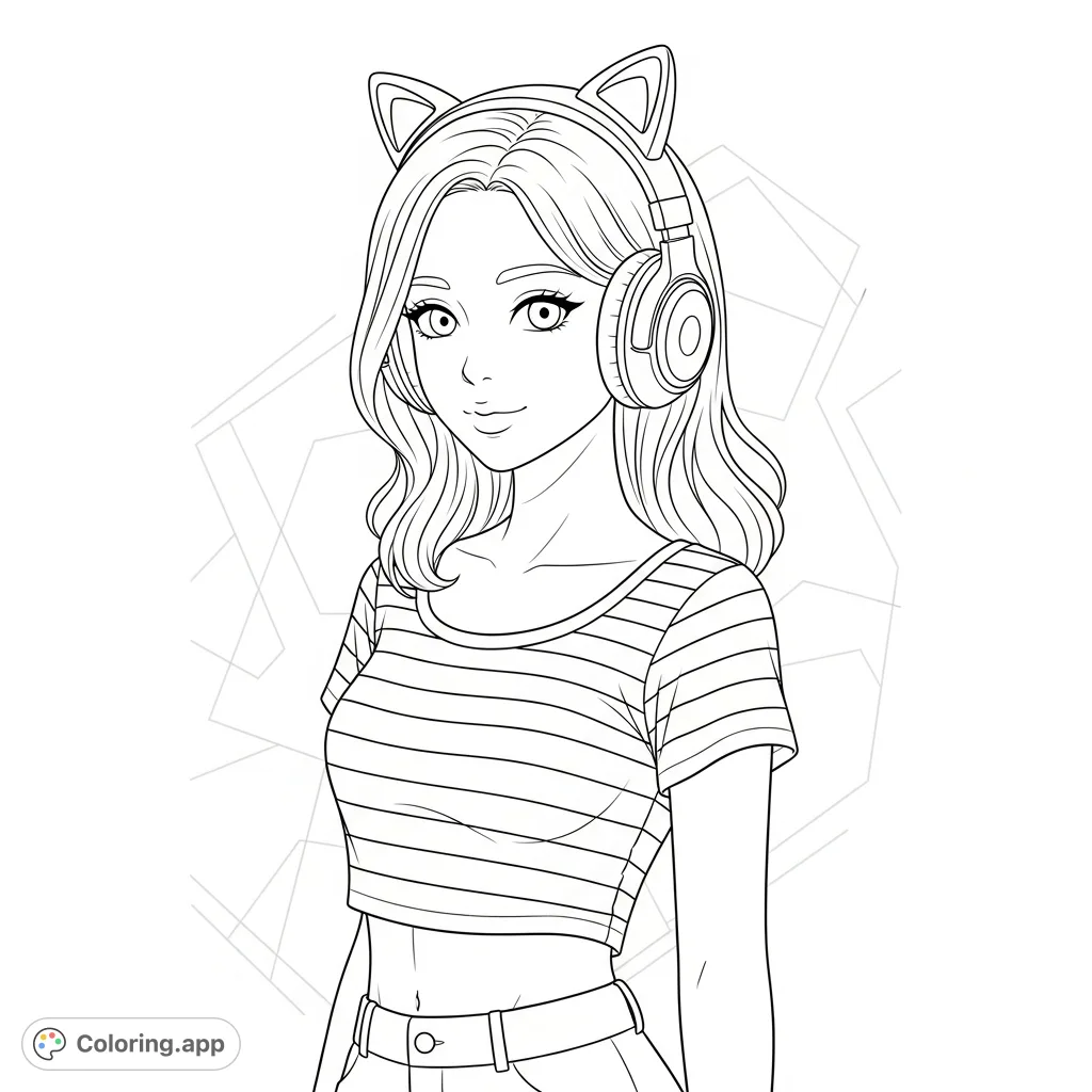 Color a cool anime girl wearing cat-eared headphones, a striped crop top, and shorts, set against a subtle geometric background. Perfect for anime fans!