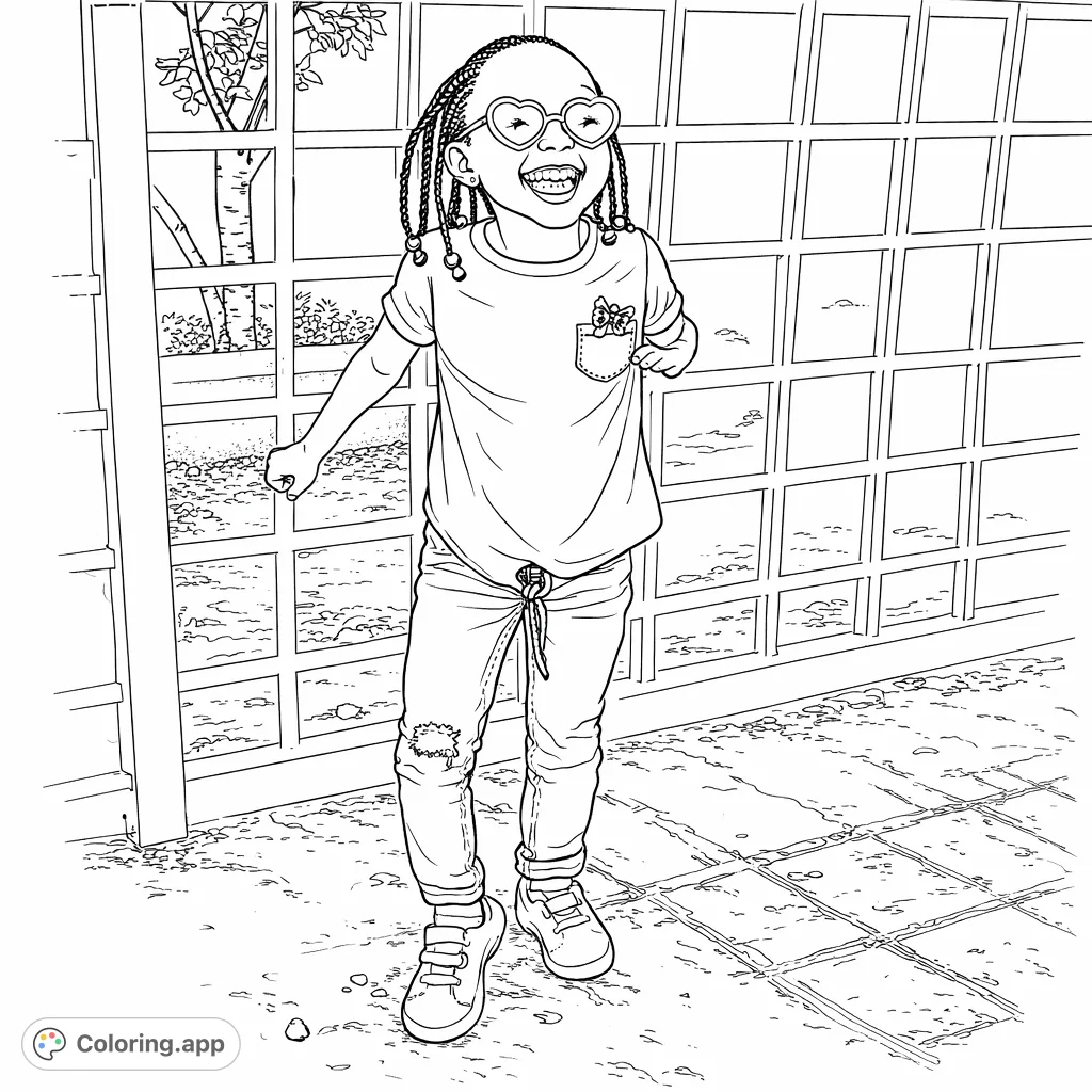 A cheerful child with dreadlocks and round sunglasses smiles widely by a decorative lattice fence. Perfect for a fun, engaging coloring activity.