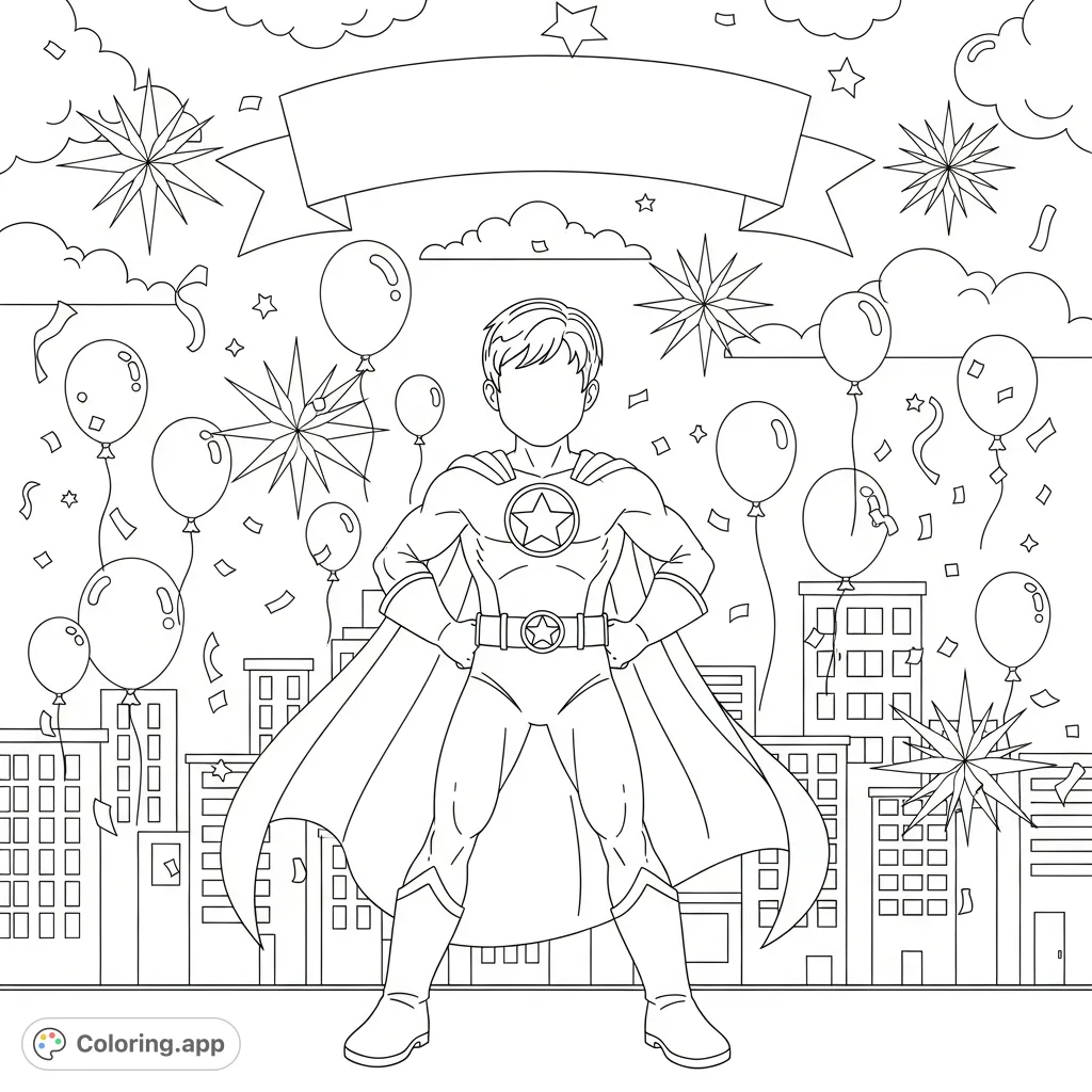 A confident child superhero stands ready amidst a vibrant cityscape filled with balloons, stars, and confetti, awaiting your artistic touch.