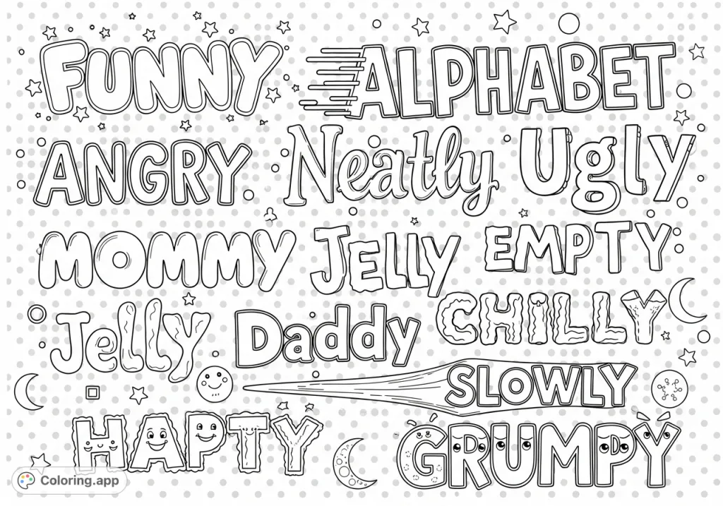 A delightful typography coloring page featuring "funny," "happy," "jelly," and more. A free printable activity to inspire creative expression!