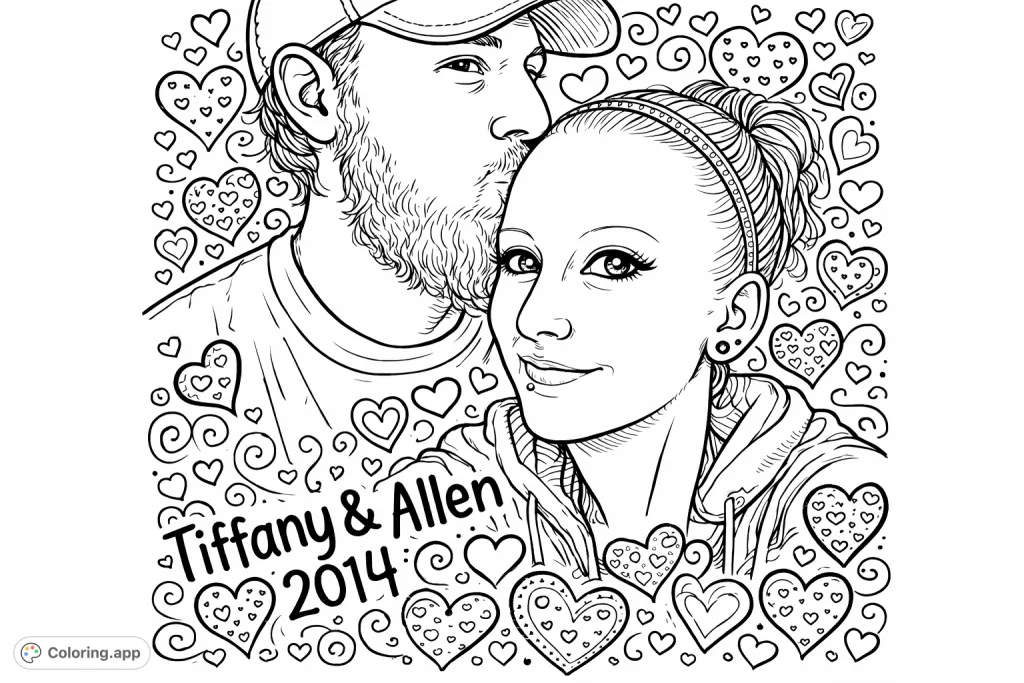 A heartwarming couple shares a tender forehead kiss, surrounded by decorative heart patterns. A cartoony style with bold outlines and intricate details, perfect for expressing love.