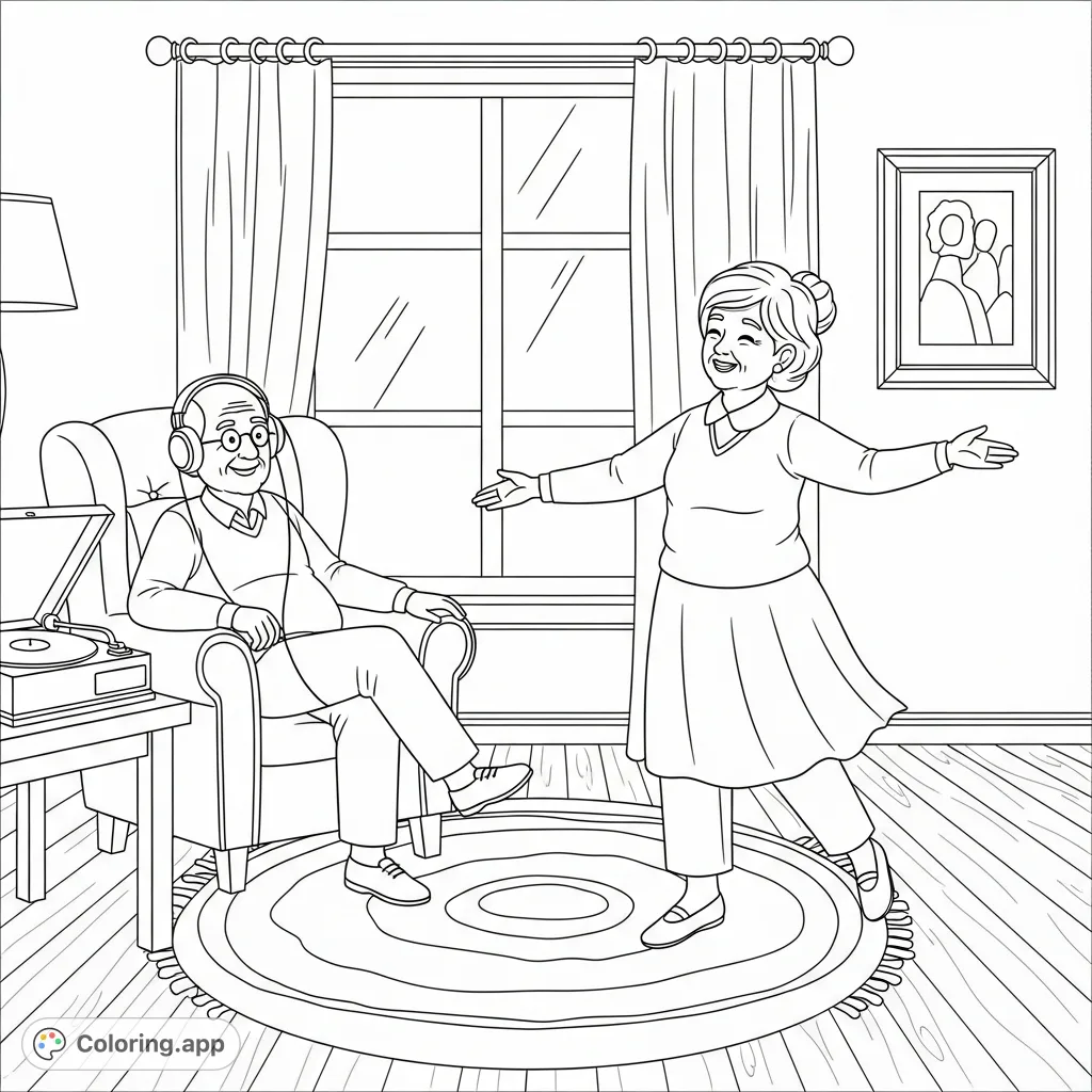 Capture the joy of a grandparent couple listening to music and dancing in a cozy living room. A heartwarming family coloring page.