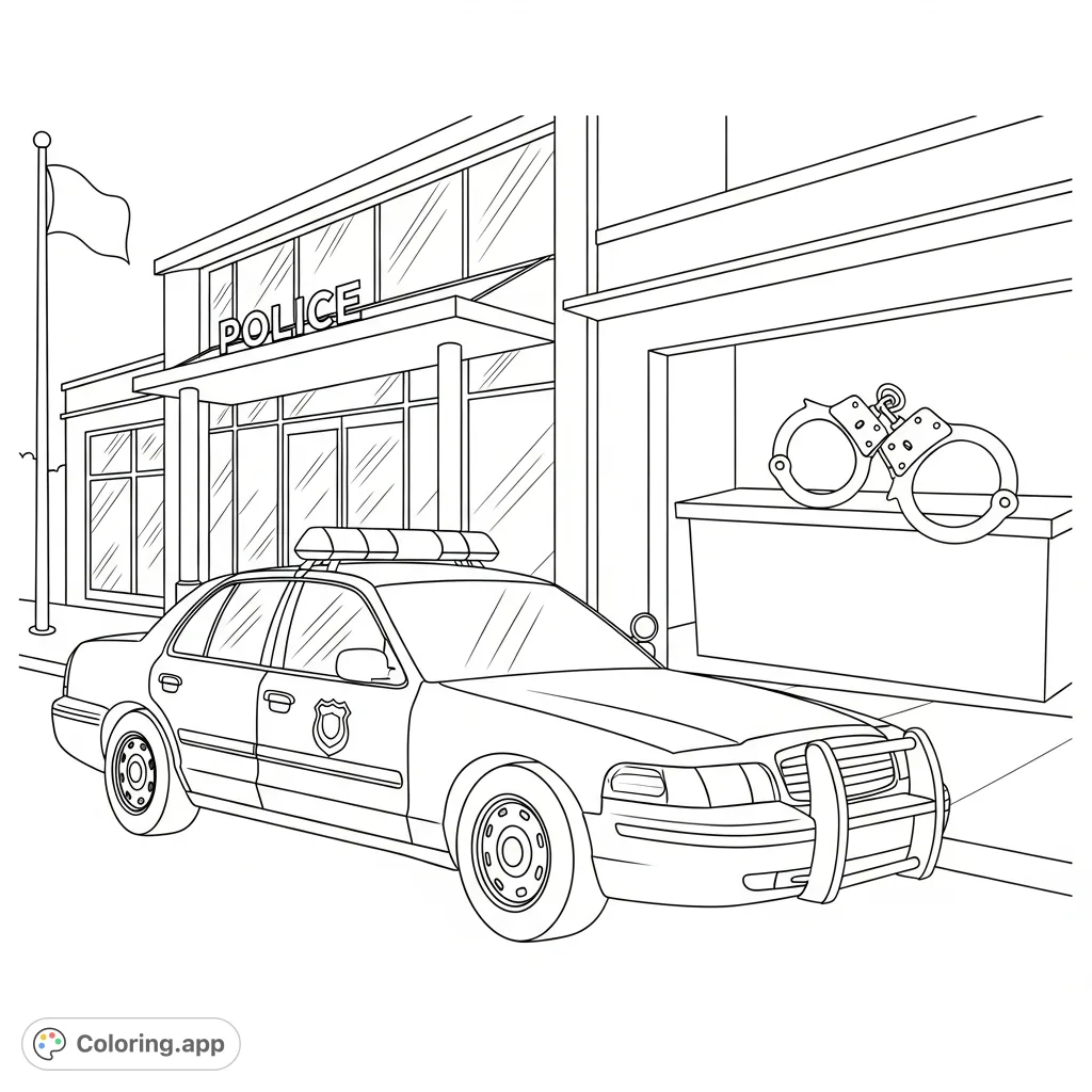 Color a detailed police car parked at a station with handcuffs visible inside. An engaging scene for exploring law enforcement themes.