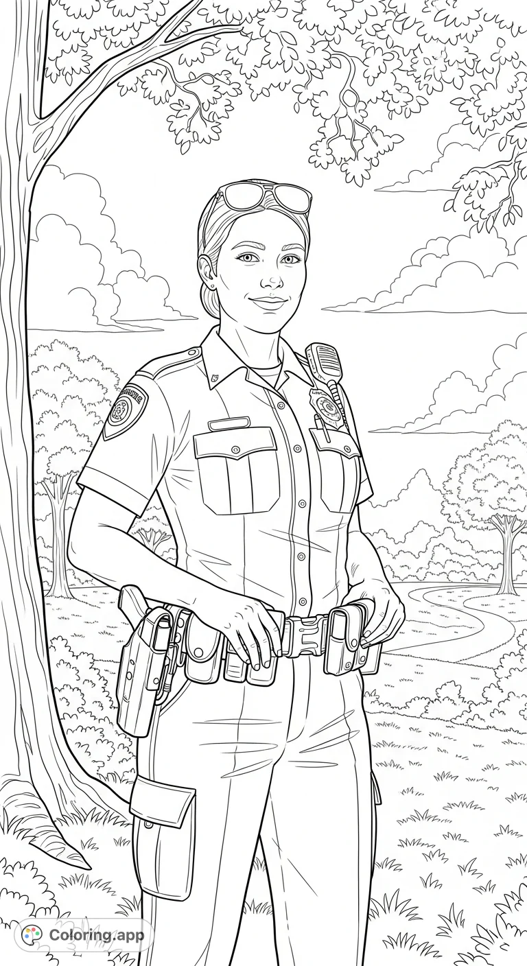 A delightful police summer woman coloring page featuring a female officer enjoying a sunny day in a park. Perfect for celebrating community helpers and summer fun.