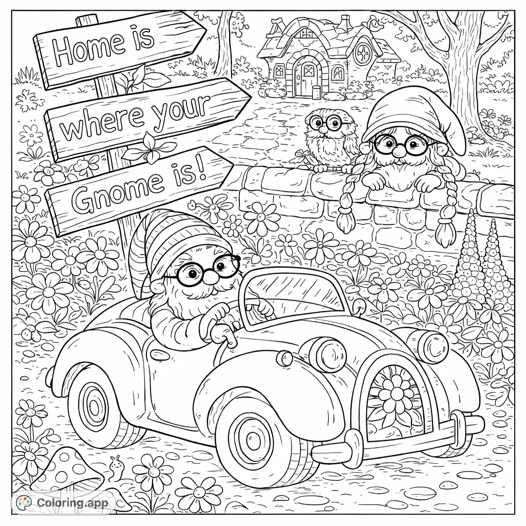 Whimsical gnome adventure coloring page featuring gnomes with glasses, a classic car, playful flora, and charming fantasy elements, perfect for imaginative coloring fun.