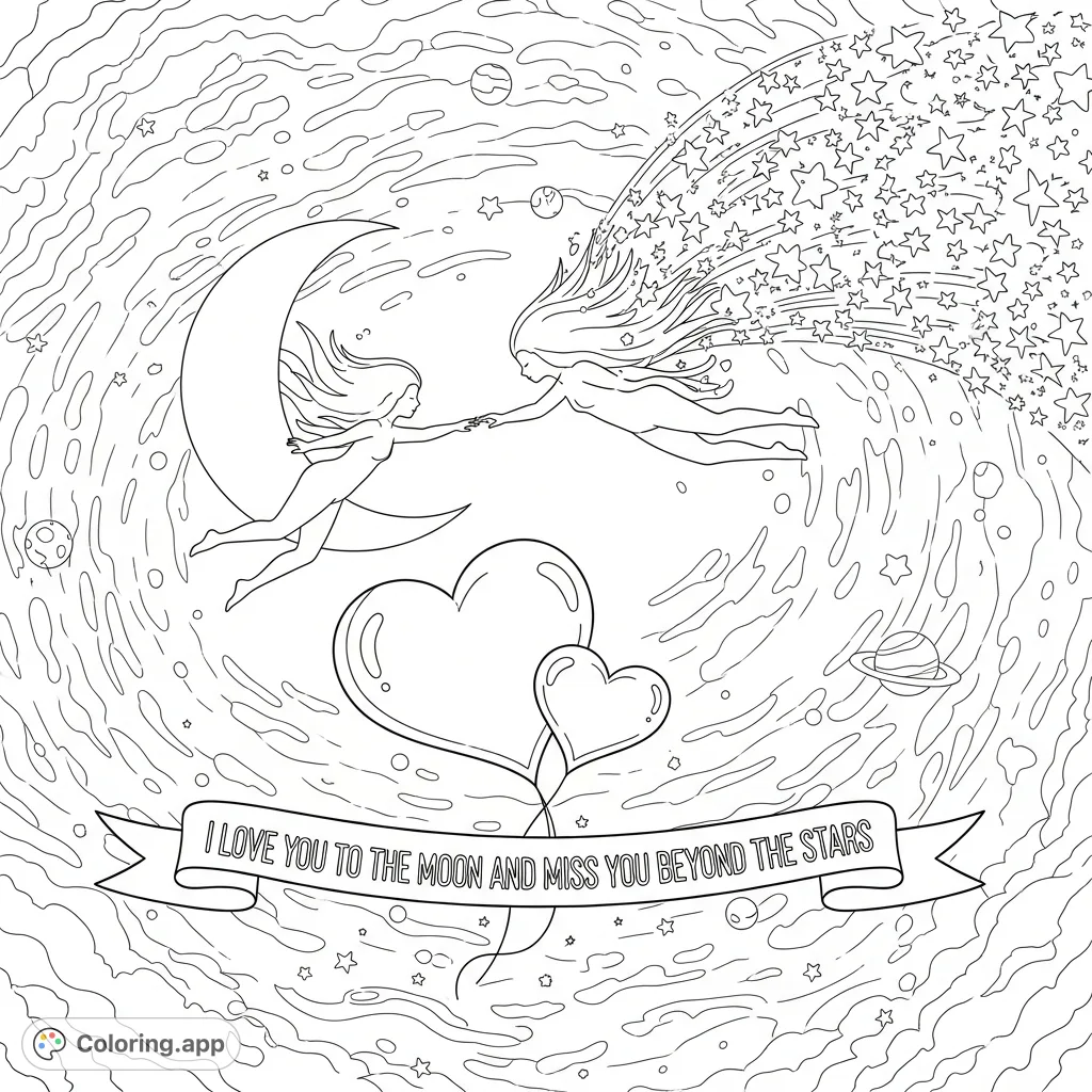 A breathtaking cosmic scene unfolds with entwined celestial beings, a crescent moon, a comet of stars, and a heartwarming message on a ribbon.
