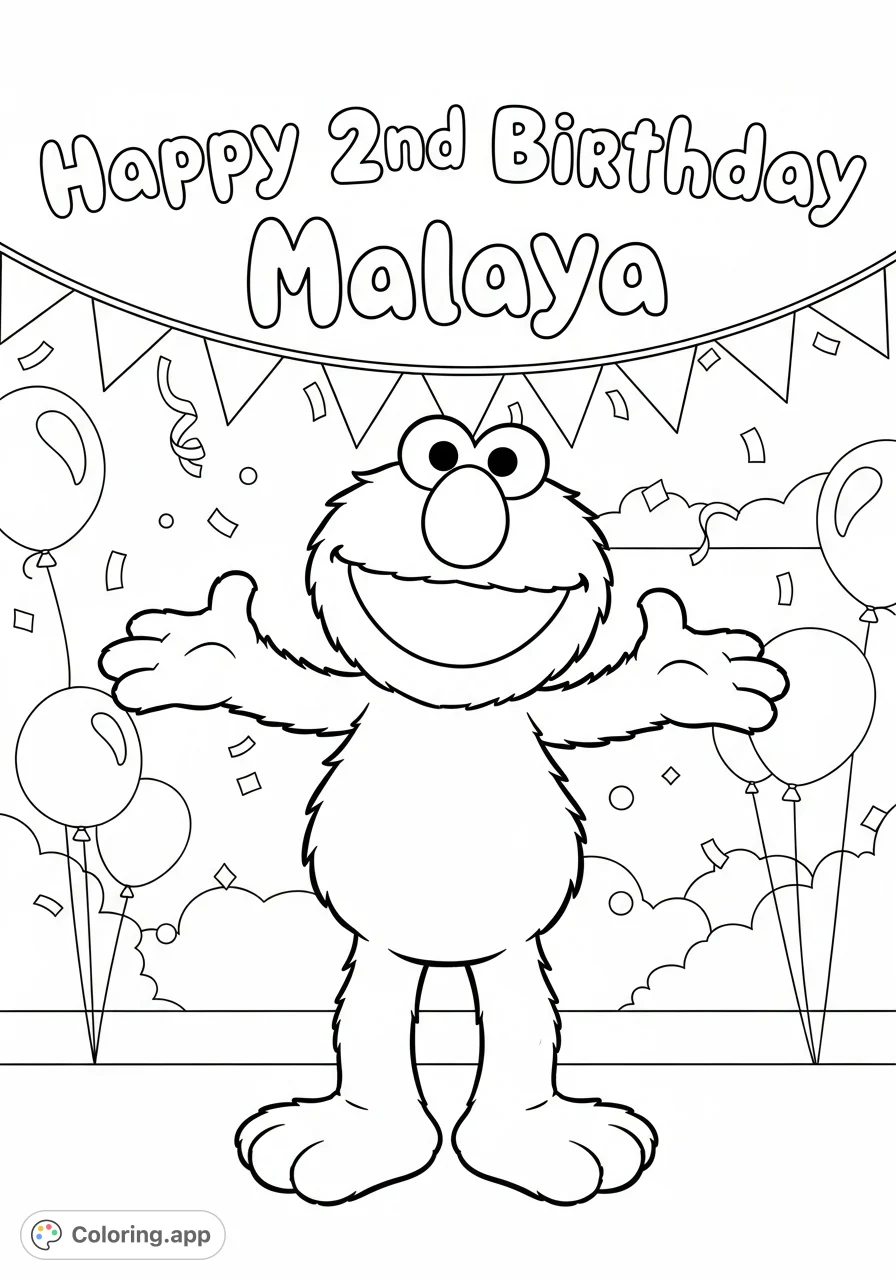 Celebrate with Elmo! A cheerful Elmo wishes Malaya a Happy 2nd Birthday, surrounded by festive balloons and confetti. Perfect for young fans.