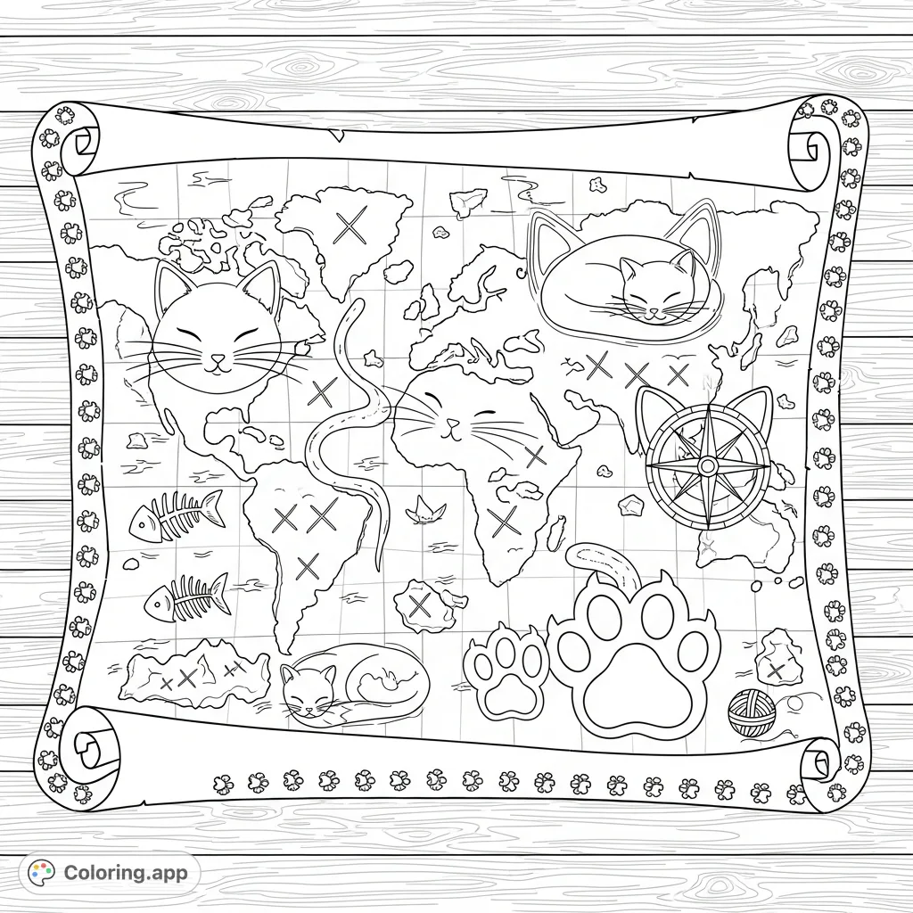 Embark on a purr-fect adventure with this unique treasure map, where landmasses are cat shapes and 'X' marks are paw prints. A delightful feline treasure map.
