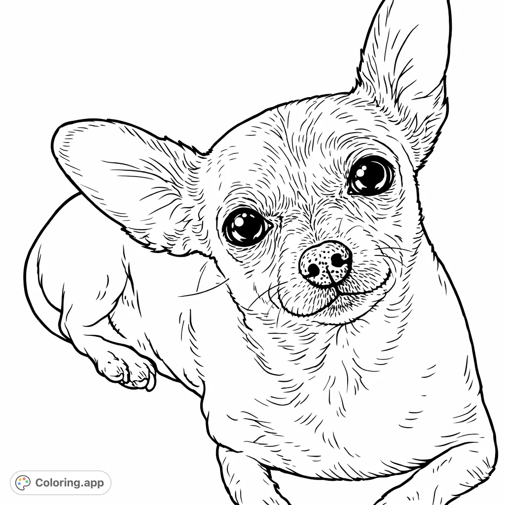 A charming Chihuahua lies, looking intently with large eyes and perked ears. A delightful dog coloring page for pet lovers of all ages, perfect for relaxation and creativity.