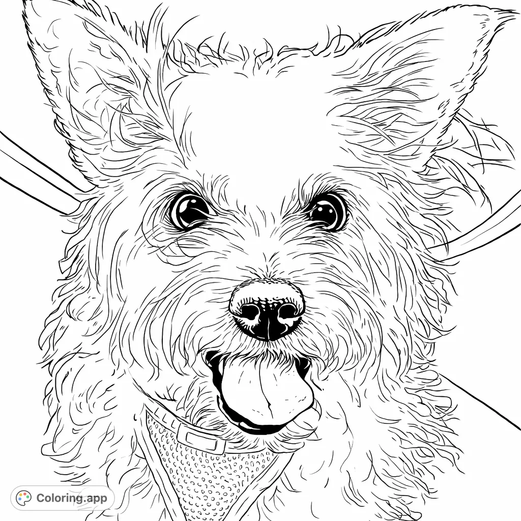 Color a delightful portrait of a fluffy dog with expressive eyes and large ears. Perfect for pet lovers, this free printable dog coloring page captures playful charm.