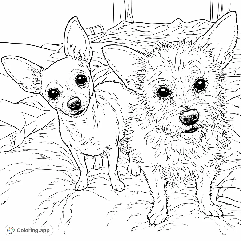Two charming small dogs with expressive faces sit close together, ready for a creative splash of color on a cozy textured blanket. A delightful pets coloring page.