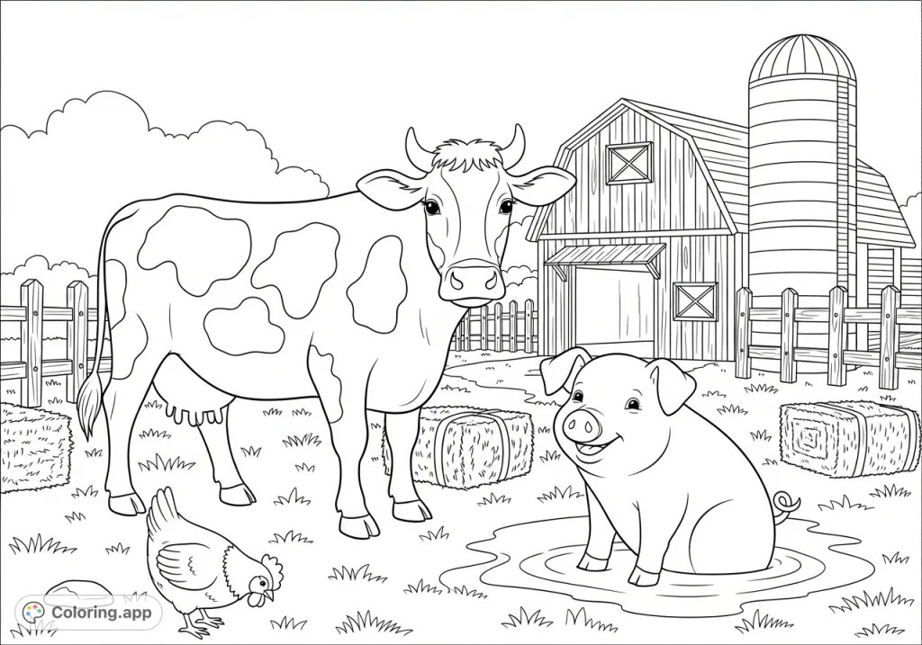 A charming farmyard coloring page featuring a friendly cow, a playful pig in a puddle, and a curious chicken, set against a classic barn and fence backdrop.