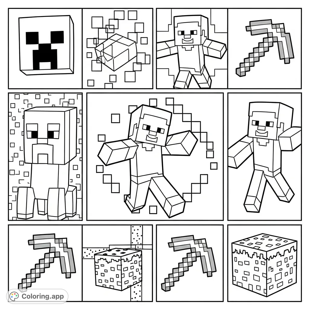 Dive into a blocky world with this unique Minecraft pop art coloring page, featuring iconic characters and items in a vibrant, structured grid.
