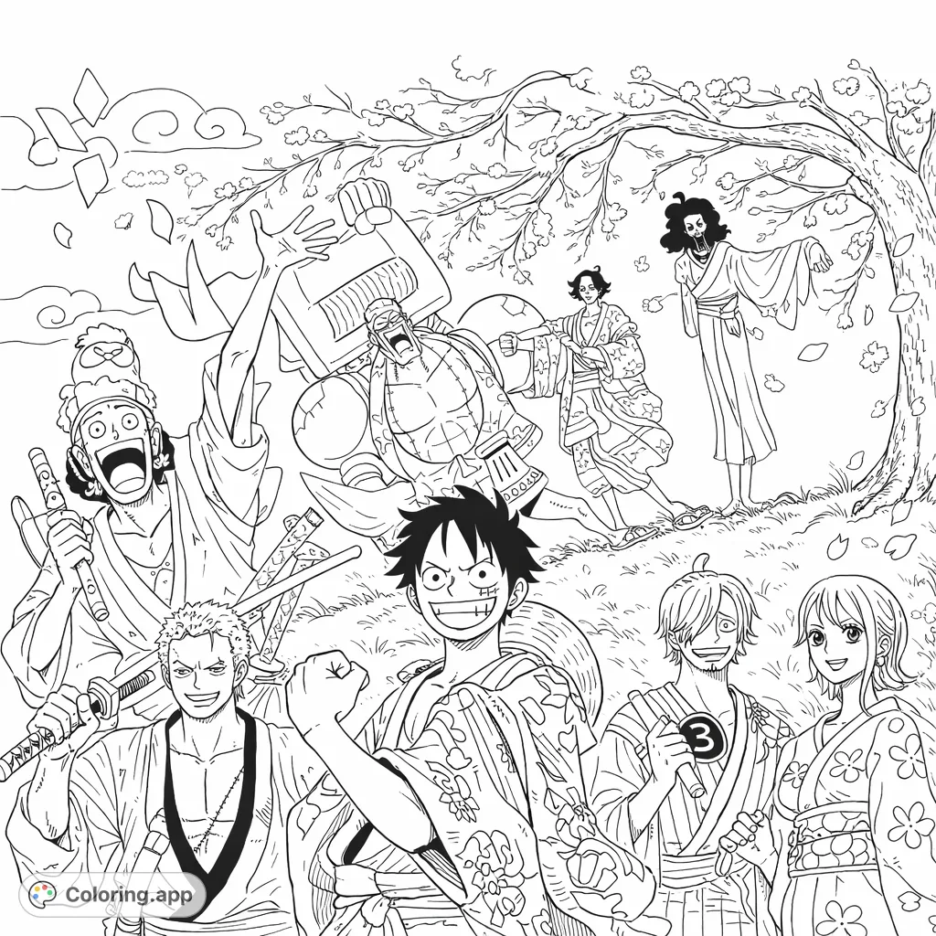 Join the Straw Hats in an exciting Wano Kuni adventure! This detailed One Piece coloring page features your favorite crew members under a beautiful tree.