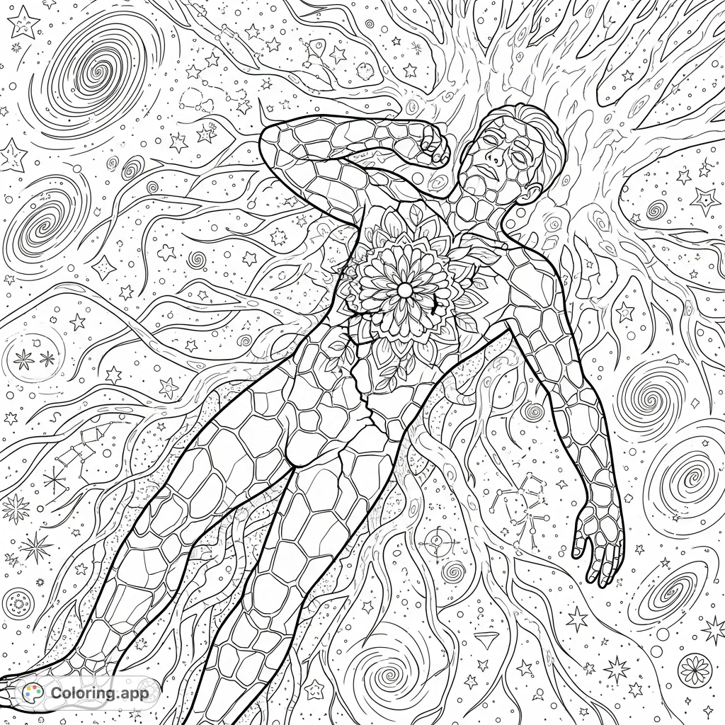 An intricate coloring page featuring a man integrated with earth, roots, floral mandalas, and cosmic patterns. Every detail is an enclosed shape.