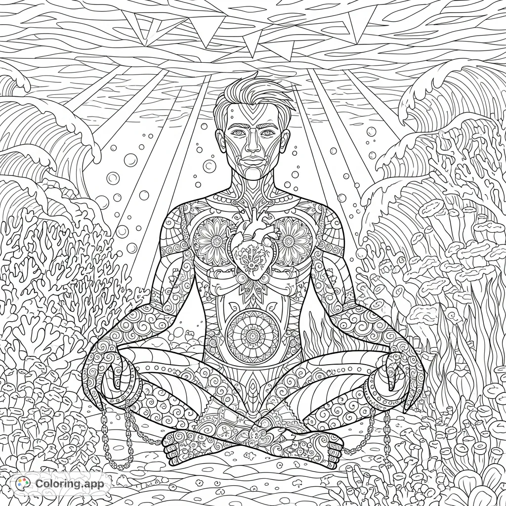 Explore an intricate underwater world with a meditative figure, detailed mechanical heart, and elaborate ocean patterns. A challenging adult coloring page.