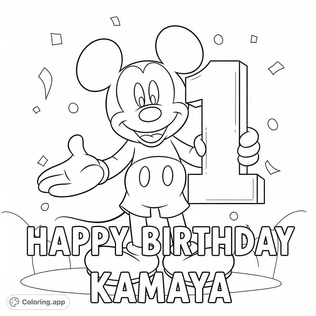 Mickey Mouse celebrates a first birthday, holding a large '1' with 'Happy Birthday Micah' text. A cheerful, free printable coloring page for kids.