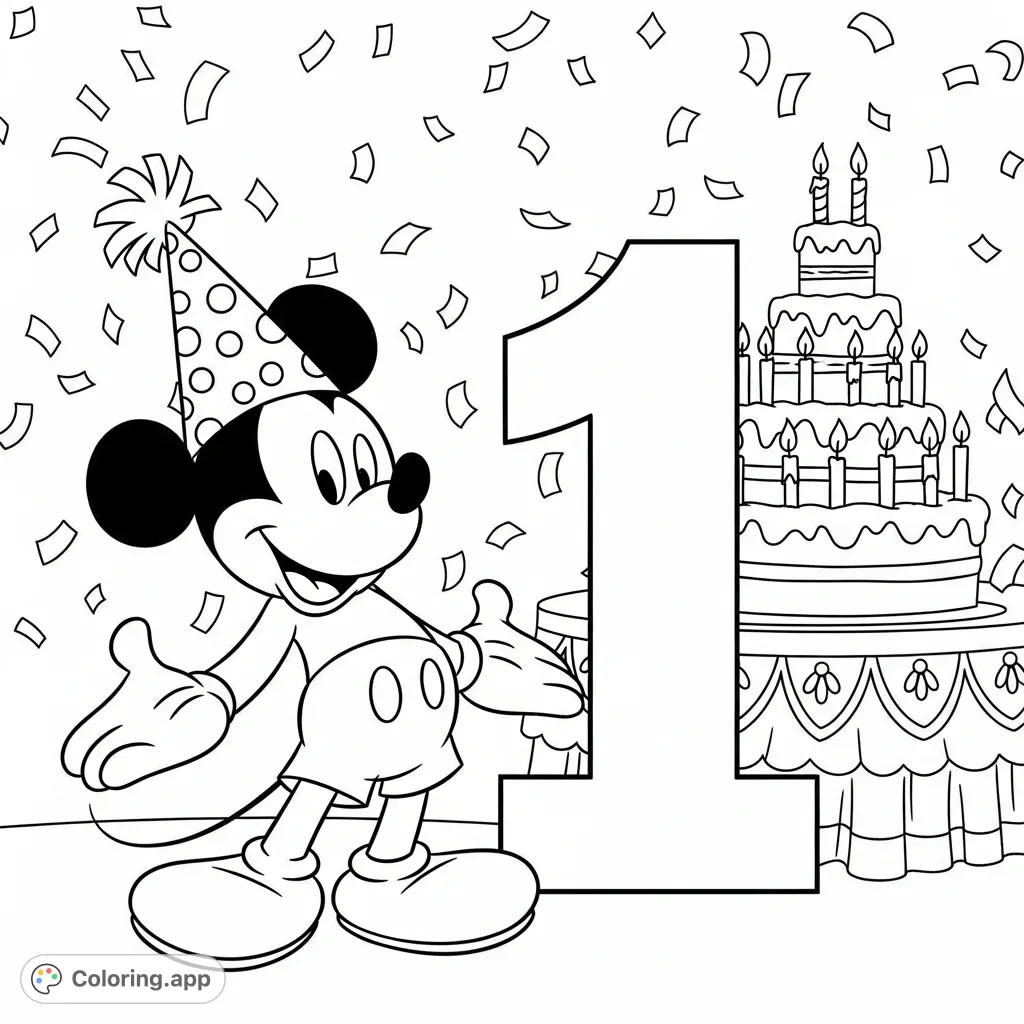 Celebrate with Mickey Mouse! A joyful Mickey in a party hat next to a big '1', with a festive cake and confetti. Perfect for birthday fun.