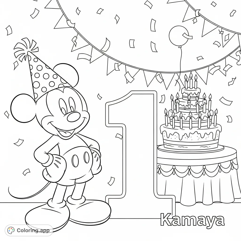 Join Mickey Mouse in a joyful birthday scene! He wears a party hat next to a big '1', with a tiered cake and confetti. A festive, classic celebration!