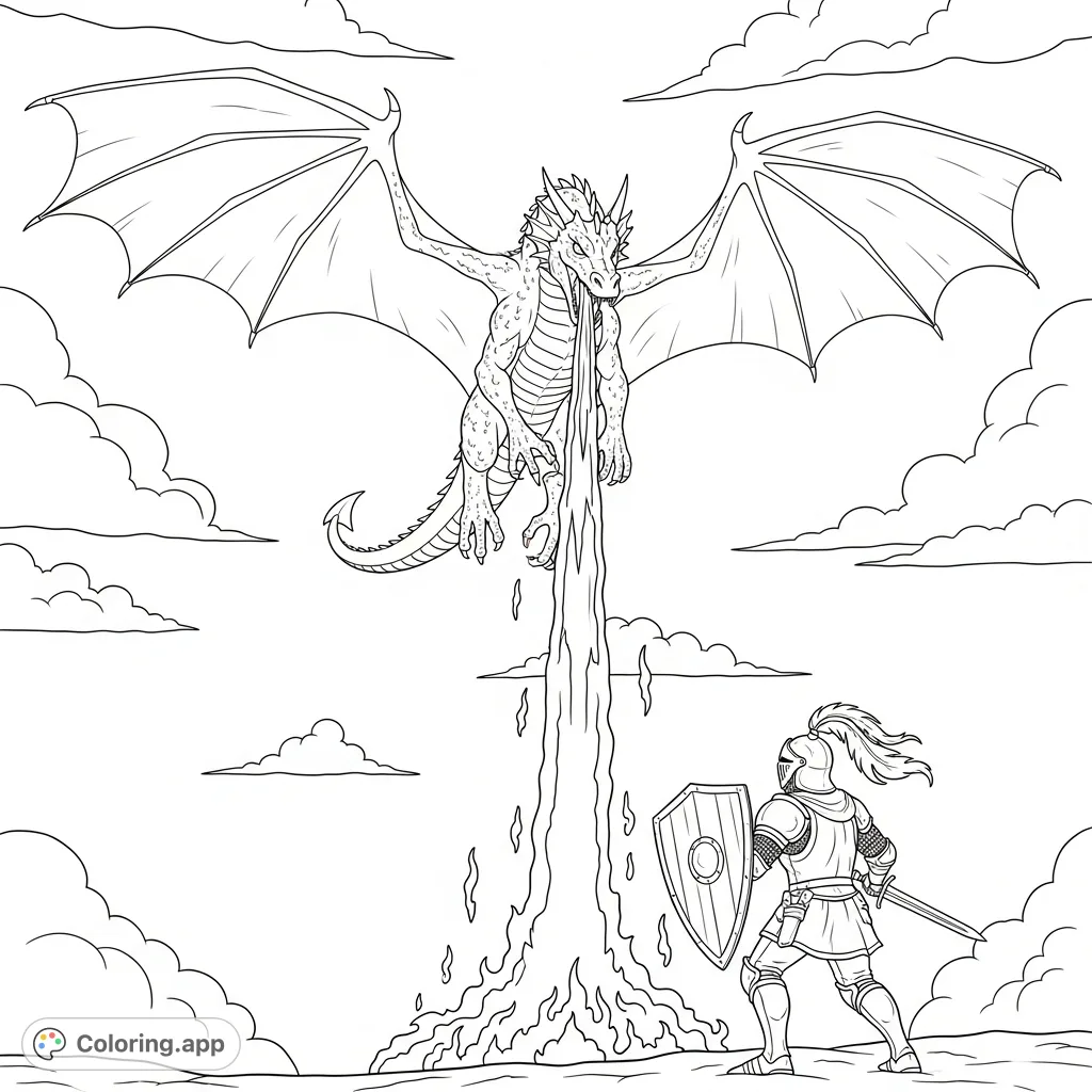 An epic fantasy scene depicts a brave knight facing off against a powerful dragon breathing fire from the sky, a thrilling adventure awaits your colors!