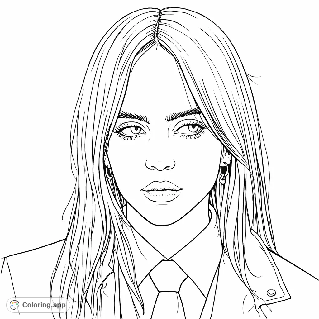 Color a striking portrait of a contemporary pop icon. Featuring detailed facial features, flowing hair, and sharp attire, this page offers a captivating coloring experience.
