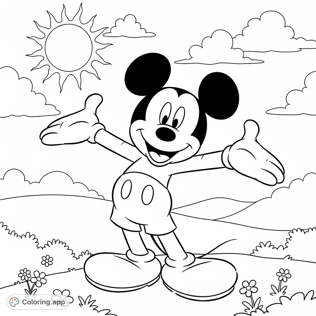 A cheerful Mickey Mouse welcomes you with open arms and a wide smile amidst a whimsical landscape. Perfect for fans of all ages to bring to life with color.