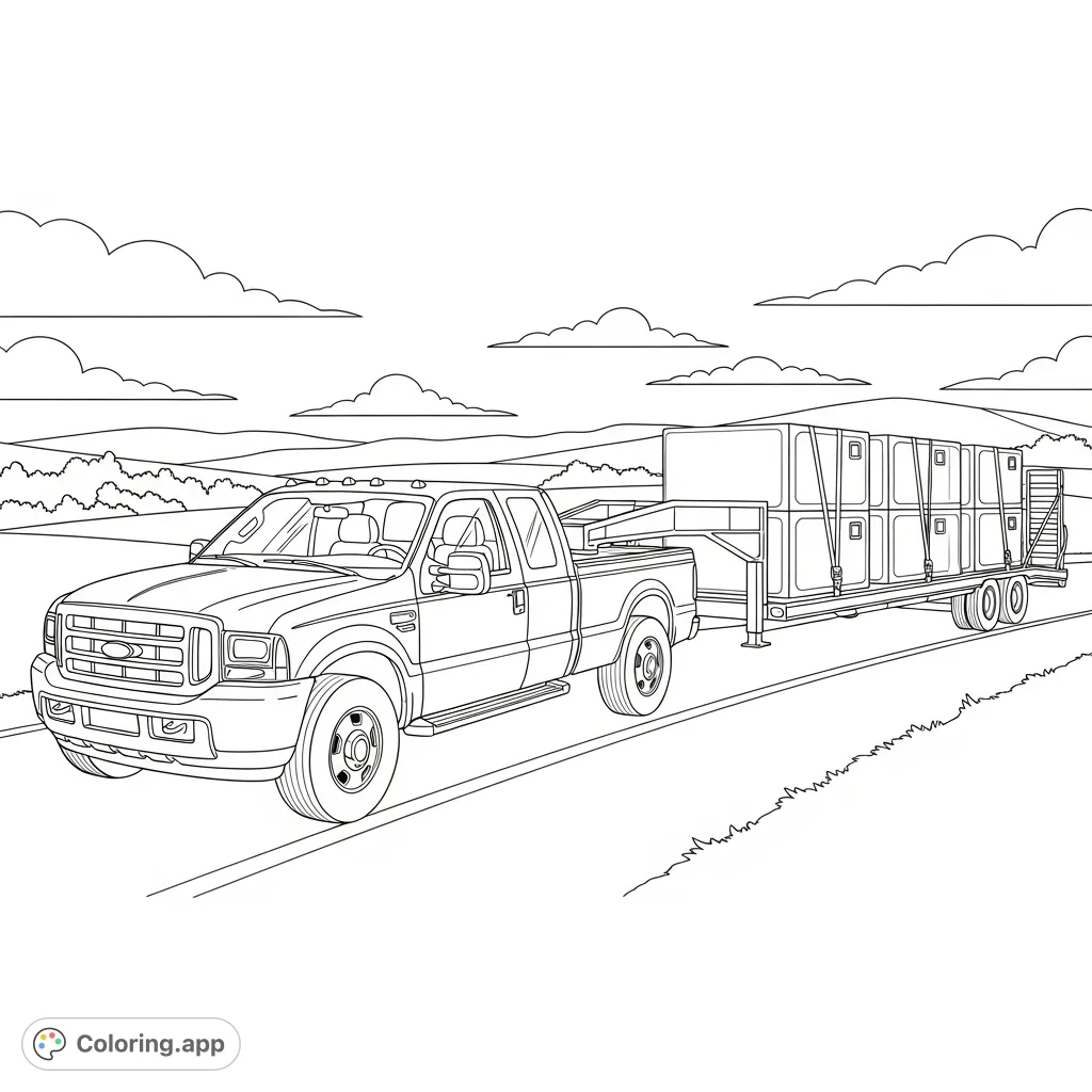 An imposing Ford truck pulls a sturdy flatbed trailer carrying cargo. A detailed scene perfect for enthusiasts to color, highlighting rugged automotive design.