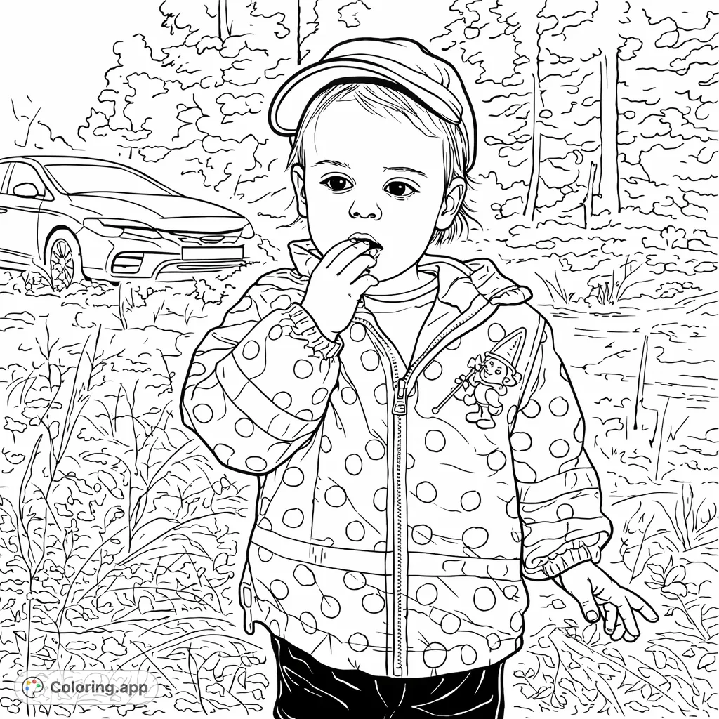 Color a charming toddler in a polka-dot jacket exploring nature. Features tall grass, a playful patch, and a distant car. Perfect for young artists!