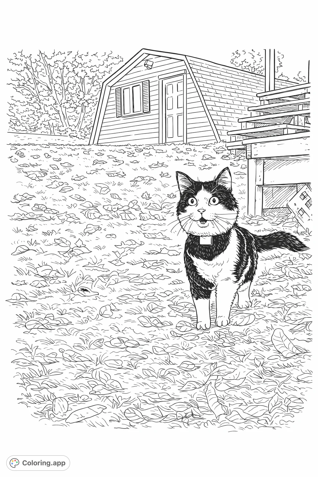 A charming feline sits among scattered leaves on a grassy slope, with a unique A-frame cabin in the background, perfect for autumn-themed coloring.