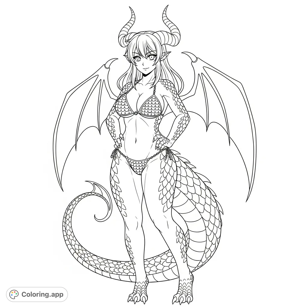 An alluring anime dragon girl in a minimal chainmail bikini, featuring spiral horns, detailed scales, a sinuous tail, and majestic wings. Perfect for adult colorists.