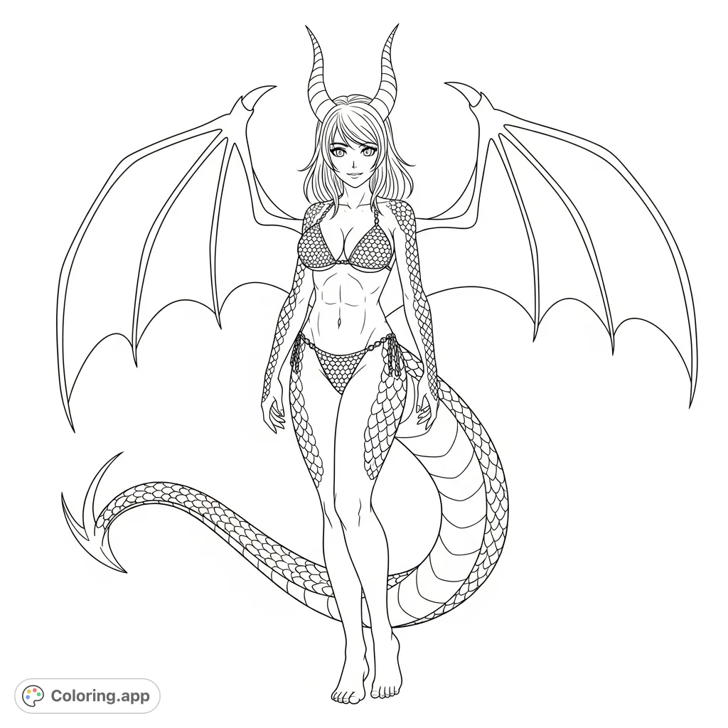 Discover a stunning anime dragon girl with a confident, alluring pose, featuring intricate scales, expansive wings, and a detailed chainmail bikini.
