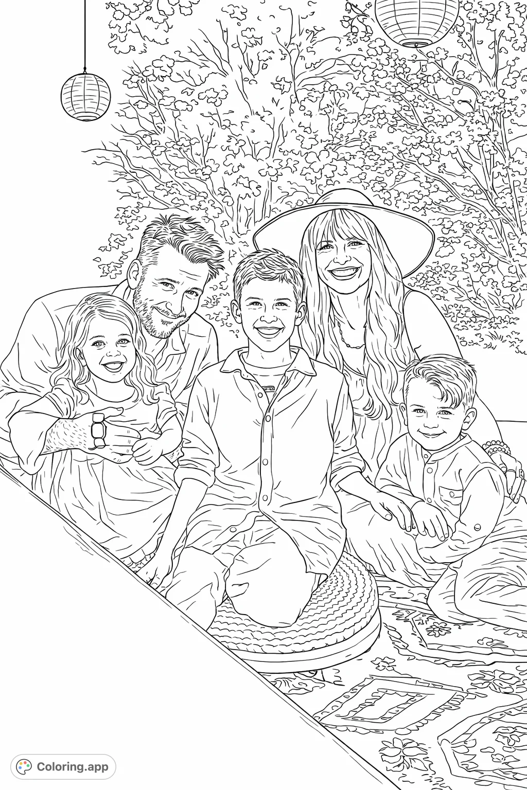 A heartwarming family portrait with two adults and three children enjoying an outdoor gathering amidst lush foliage and patterned textiles, perfect for all ages.