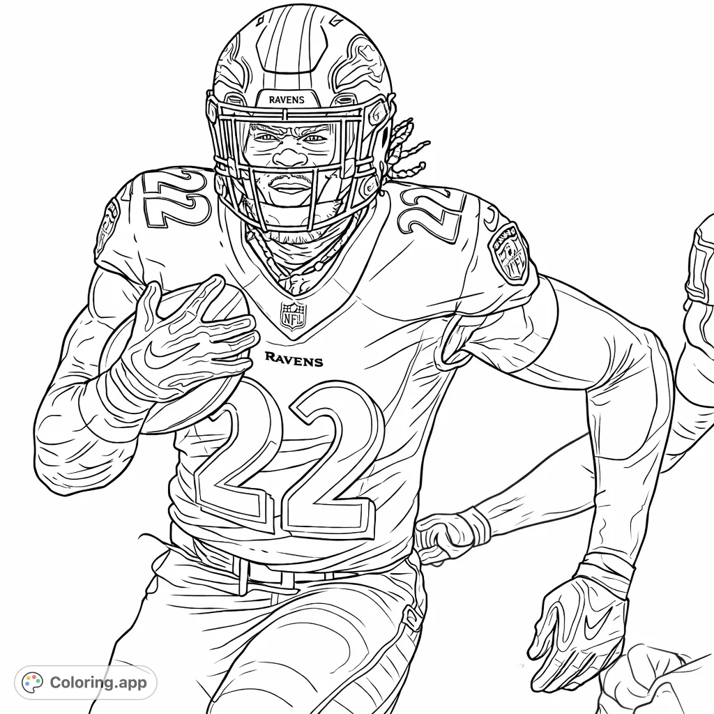 Capture the intensity of a football player in action with this detailed coloring page. Features a player mid-run, helmet, uniform, and football.