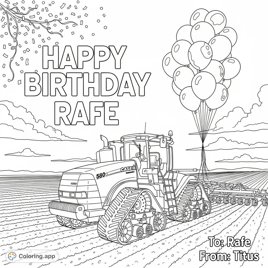 Celebrate with a powerful Case IH 580 Quadtrac tractor driving through a tilled field, surrounded by festive balloons and confetti. Perfect for Rafe!