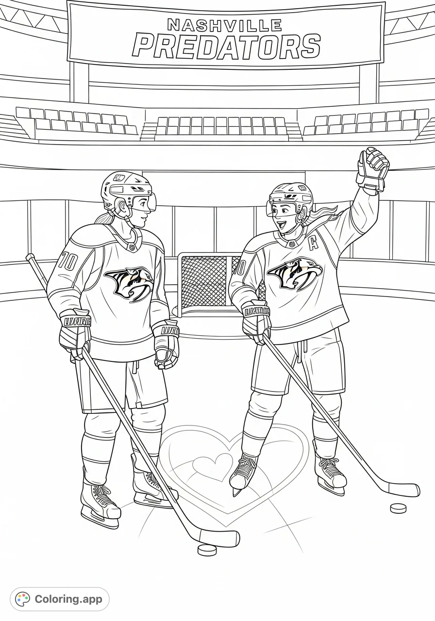 Skate into romance with this Nashville Predators women's hockey scene. Two players celebrate on the ice, featuring team logos and a subtle heart motif. Perfect for fans!
