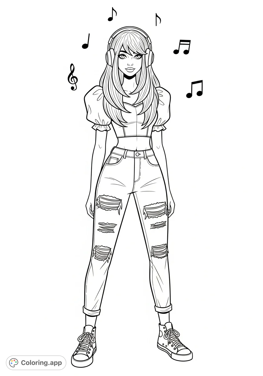 Capture the edgy style of a tall, thin young woman in ripped jeans, puffed-sleeve goth crop top, and classic sneakers. A free printable emo goth fashion coloring page.