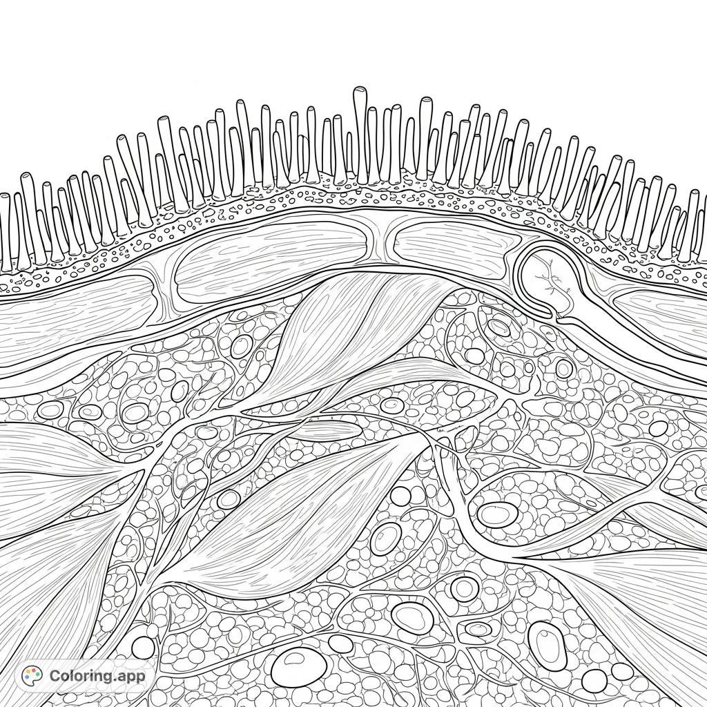 Explore the microscopic world with this intricate tissue cross-section featuring epithelial cells, muscle fibers, and connective tissue. Perfect for learning and relaxation.