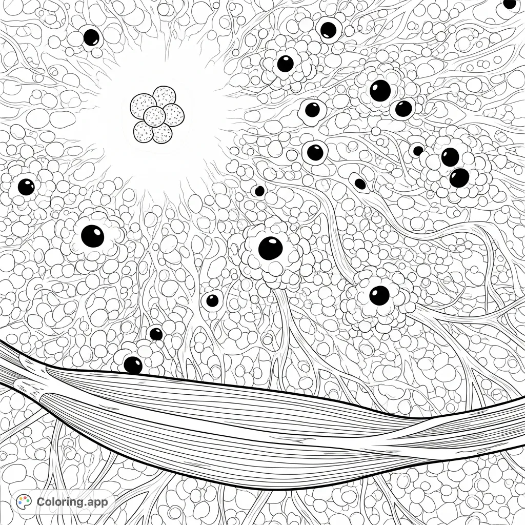 Explore a vast microscopic cellular landscape, featuring diverse cells, intricate branching fibers, and a detailed striated muscle fiber. Perfect for science enthusiasts!