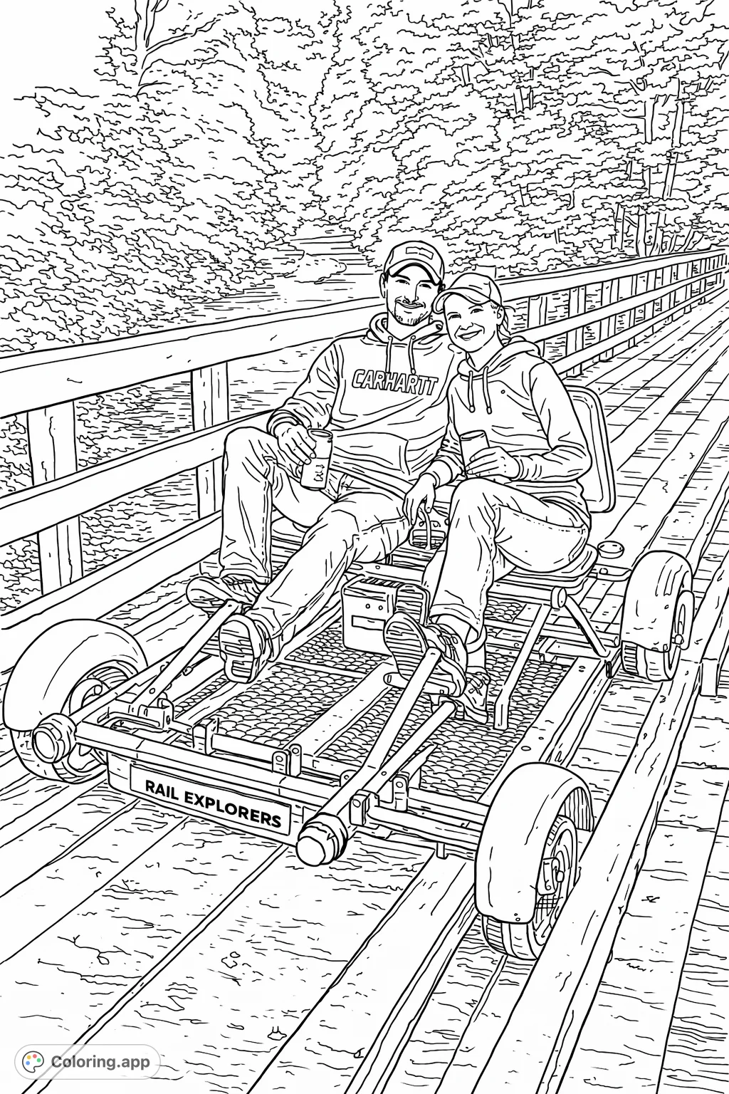 Embark on a unique rail bike adventure coloring page! Two explorers pedal across a scenic wooden bridge, surrounded by nature, ready for a fun, creative journey.