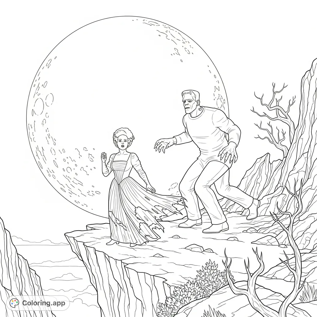 A thrilling and suspenseful coloring page featuring The Bride of Frankenstein on a cliff, pursued by the Monster under a dramatic full moon. Perfect for fans of classic horror!