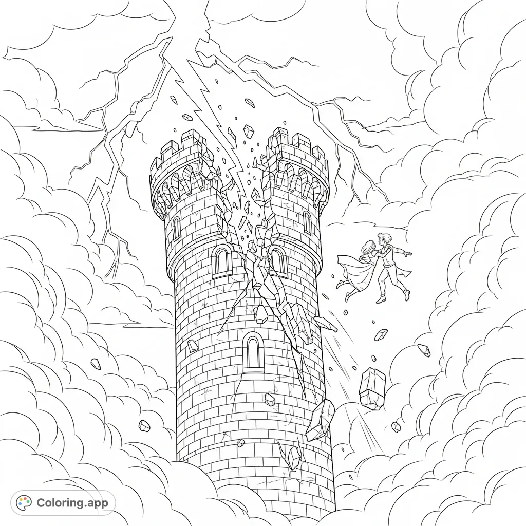 Witness a dramatic medieval stone tower coloring page, struck by lightning and splitting apart, as a couple plummets amidst chaotic destruction and swirling smoke.
