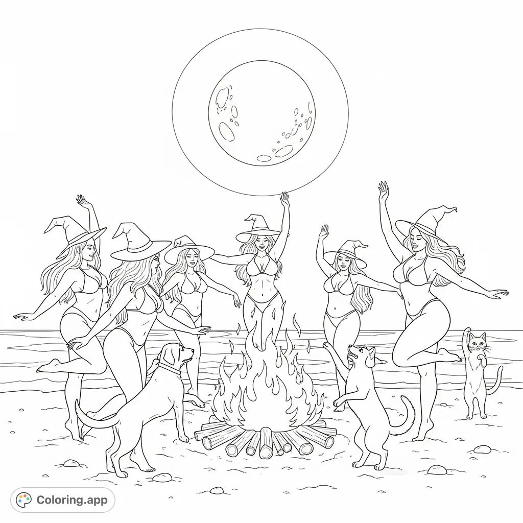 Scantily clad new age witches dance around a bonfire on a moonlit beach, celebrating with their dog and cat. A spirited, mystic beach party.