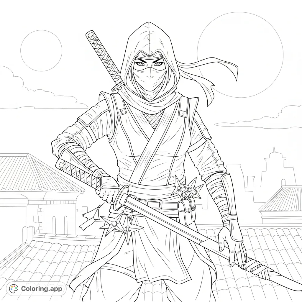 A female ninja assassin stands in a powerful, poised stance, clad in a detailed uniform with a katana. A dynamic coloring page.