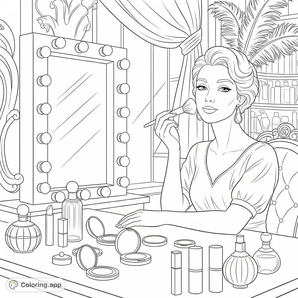 Close-up of a glamorous woman applying makeup at her ornate showgirl vanity, surrounded by luxurious details. A dazzling beauty coloring page for adults.