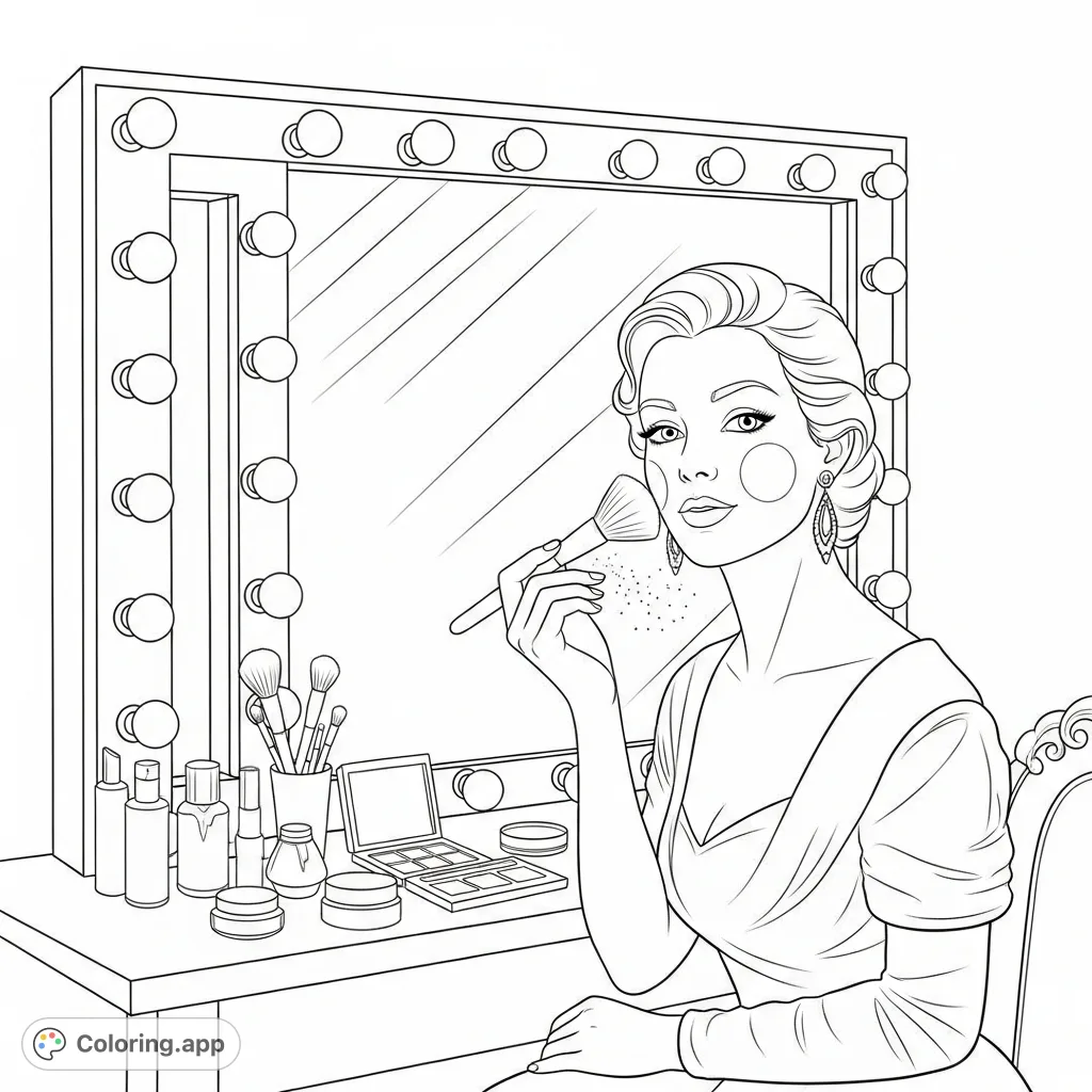 A glamorous showgirl applies makeup at her ornate vanity, featuring a close-up of her face with a blush brush amidst elegant cosmetics and a star-studded mirror.