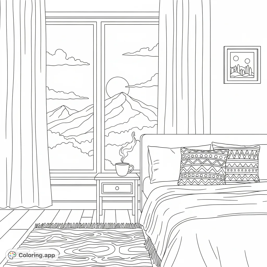 A serene bedroom with a mountain sunset view from the window, featuring a steaming mug on the nightstand, creating a perfect cozy night-in atmosphere.