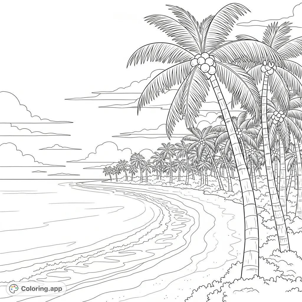 Experience a tranquil Caribbean island beach coloring page. Features majestic palm trees with coconuts, rolling waves, and a serene sky awaiting your creative touch.