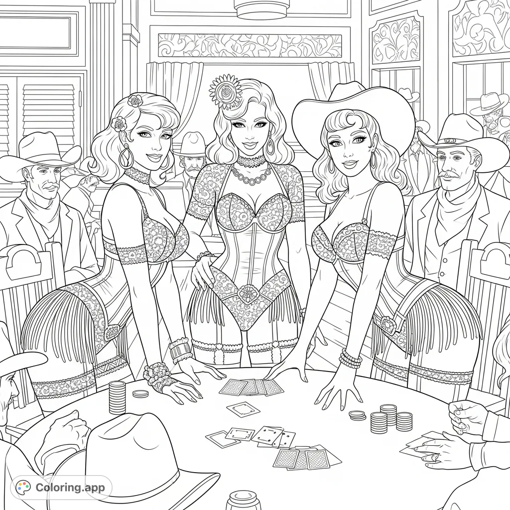 A captivating saloon scene with three women in burlesque-inspired, country-western attire playing cards with cowboys and businessmen. Features intricate details and alluring poses.